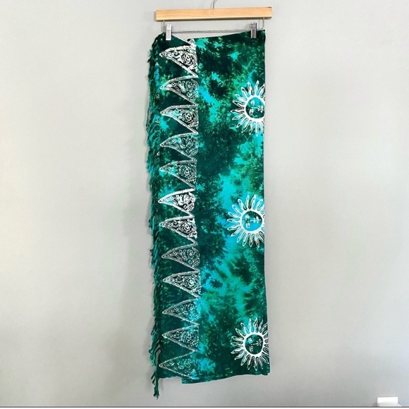 Vintage Turquoise Blue Green Sarong Pareo Wrap Coverup Travel Bohemian Hippie - Picture 2 of 9